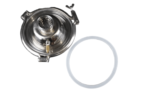 2 Inch Diameter Domed Lid With Built In Screen. and 1/8" NPT Port. Includes 1/8″ Safety Valve, Lid Gasket, and Lid Clamp