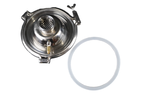 2 Inch Diameter Domed Lid With Built In Screen. and 1/8" NPT Port. Includes 1/8″ Safety Valve, Lid Gasket, and Lid Clamp