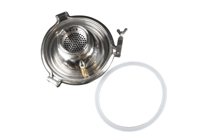 3 Inch Diameter Domed Lid with Built in Screen and 1/8" NPT Port. Includes 1/8″ Safety Valve, Lid Gasket, and Lid Clamp