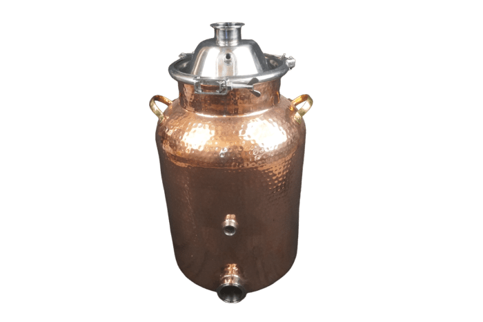 8 Gallon Copper Boiler with Dome Lid and Clamp, NPT Fitting, and 2 inch Ferruled Fitting.