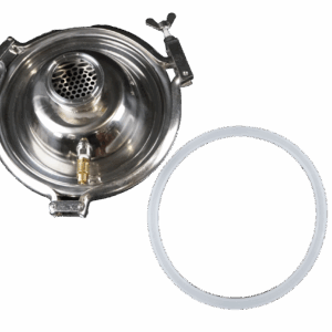 2 Inch Diameter Domed Lid With Built In Screen. and 1/8" NPT Port. Includes 1/8″ Safety Valve, Lid Gasket, and Lid Clamp