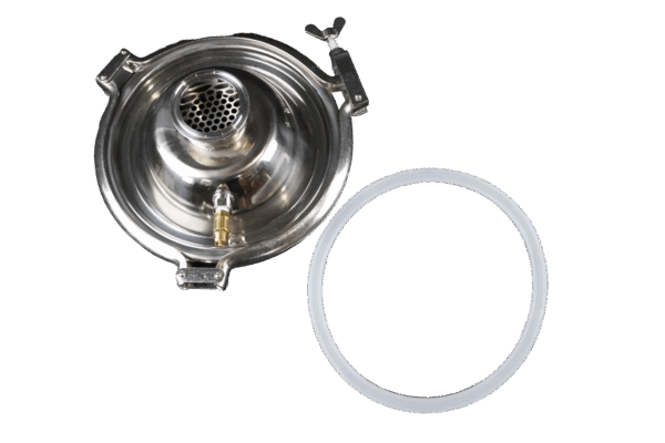 2 Inch Diameter Domed Lid With Built In Screen. and 1/8" NPT Port. Includes 1/8″ Safety Valve, Lid Gasket, and Lid Clamp