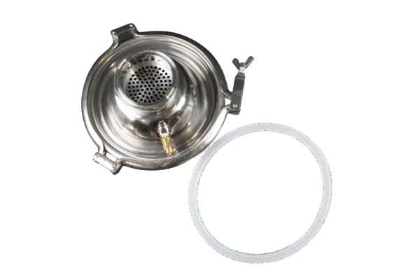 3 Inch Diameter Domed Lid with Built in Screen and 1/8" NPT Port. Includes 1/8″ Safety Valve, Lid Gasket, and Lid Clamp